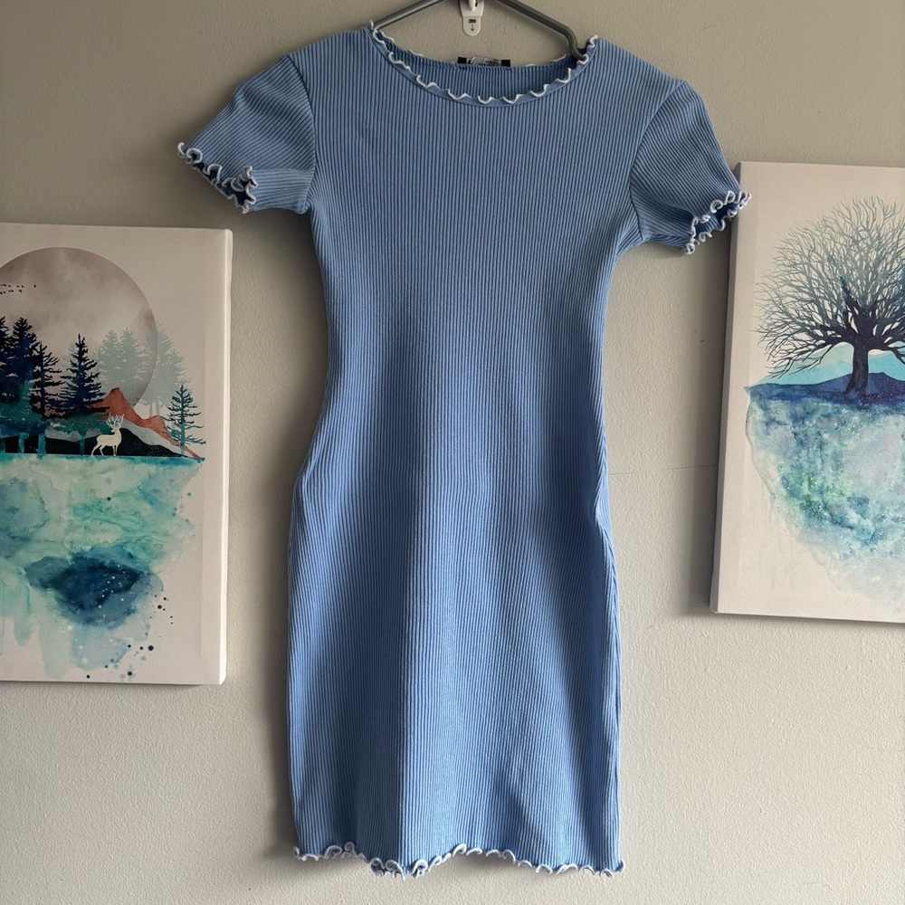 Zara Light Blue Ribbed Short Sleeve Mini Dress with White Lettuce Trim small